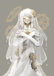 Rule 34 | 1girl, absurdres, bridal veil, closed eyes, crossed arms, dress, e.g.o (project moon), faust (project moon), gears, gloves, hair ornament, highres, limbus company, nolongeryisang, project moon, short hair, signature, smile, solo, veil, white dress, white gloves, white hair