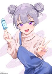 Rule 34 | 1girl, :d, absurdres, blue overalls, blunt bangs, cropped legs, double-parted bangs, double bun, face jewel, food, grey hair, hair bun, highres, holding, holding food, holding popsicle, hololive, hololive english, koseki bijou, looking at viewer, moai, open mouth, overalls, popsicle, purple eyes, purple nails, sidelocks, simple background, smile, sweater, takoroki, v, virtual youtuber