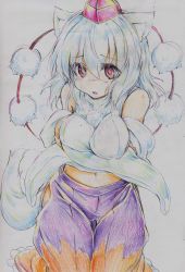 Rule 34 | 1girl, animal ears, bad id, bad pixiv id, bare shoulders, blush, breasts, colored pencil (medium), detached sleeves, hat, highres, inubashiri momiji, kitazinger, large breasts, midriff, navel, open mouth, red eyes, short hair, silver hair, skirt, solo, tail, tokin hat, touhou, traditional media, wolf ears, wolf tail