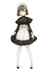 Rule 34 | 1girl, absurdres, alternate costume, apron, arknights, black footwear, black shirt, black skirt, brown hair, closed mouth, dress shirt, earrings, enmaided, eyelashes, frilled apron, frills, full body, highres, jewelry, layered skirt, long sleeves, looking to the side, magallan (arknights), maid, maid headdress, mary janes, medium skirt, multicolored hair, neck ribbon, pantyhose, ribbon, shirt, shoes, short hair, silver hair, simple background, skirt, skirt hold, smile, solo, standing, streaked hair, tachi-e, white apron, white background, white pantyhose, white ribbon, zzq