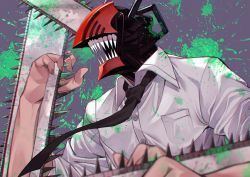 Rule 34 | 1boy, absurdres, arm up, black necktie, chainsaw, chainsaw man, collared shirt, denji (chainsaw man), dress shirt, grey background, highres, huge filesize, kameno sachi, looking away, male focus, monster boy, necktie, open mouth, paint splatter, sharp teeth, shirt, sleeves rolled up, solo, teeth, upper body, white shirt
