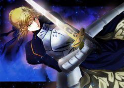 Rule 34 | 1girl, ahoge, armor, armored dress, artoria pendragon (fate), bad id, bad pixiv id, blonde hair, bow, dress, dutch angle, excalibur (fate/stay night), fate/stay night, fate (series), gauntlets, glowing, glowing sword, glowing weapon, hair bow, kanameyura, saber (fate), solo, sword, weapon