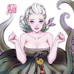 Rule 34 | 1girl, adobe fresco, black dress, blue eyes, blue eyeshadow, bow, braid, breasts squeezed together, breasts, cleavage, collarbone, dress, eyeshadow, grey hair, knot, korean clothes, korean text, large breasts, makeup, mermaid, mole, monster girl, nail polish, octopus, red lips, red nails, scylla, shell, shell hair ornament, signature, solo, strapless, strapless dress, tassel, tentacles, the little mermaid, traditional dress, updo, ursula (disney), white background, woohnayoung