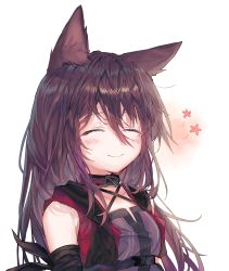 Rule 34 | 1girl, 414 (hncx3355), ^ ^, animal ears, arknights, bare shoulders, black vest, cat ears, closed eyes, commentary request, hair between eyes, highres, long hair, melantha (arknights), purple hair, purple shirt, shirt, simple background, sleeveless, sleeveless shirt, smile, solo, upper body, vest, white background