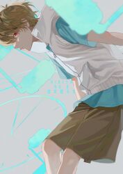 Rule 34 | 1boy, 510 gotoudayo, absurdres, amamiya hibiya, blue shirt, blurry, brown hair, brown shorts, character name, closed mouth, copyright name, depth of field, feet out of frame, from side, frown, grey background, highres, kagerou project, looking at viewer, male focus, popped collar, profile, red eyes, shirt, short hair, short sleeves, shorts, sideways glance, solo, vest, white vest, zipper