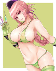 Rule 34 | 1girl, bare shoulders, between fingers, bikini, border, braid, breasts, cameltoe, cleavage, cocq taichou, covered erect nipples, elbow gloves, fate/grand order, fate (series), florence nightingale (fate), florence nightingale (trick or treatment) (fate), gloves, green background, green bikini, green gloves, green thighhighs, hair ribbon, halterneck, hat, holding, large breasts, lips, long hair, navel, nipples, nurse cap, official alternate costume, parted lips, pink eyes, pink hair, puffy nipples, ribbon, see-through, single braid, single thighhigh, skindentation, solo, sweat, swimsuit, syringe, thighhighs, white border