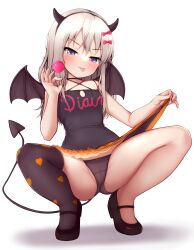Rule 34 | 1girl, absurdres, black dress, black footwear, black horns, black panties, black thighhighs, black wings, blue eyes, blush, candy, closed mouth, demon horns, demon tail, demon wings, dress, fake horns, food, full body, grecale (kancolle), grey hair, highres, holding, holding candy, holding food, horns, kantai collection, long hair, official alternate costume, panties, shoes, single thighhigh, smile, solo, squatting, tail, thighhighs, tiemu (man190), tongue, underwear, wings