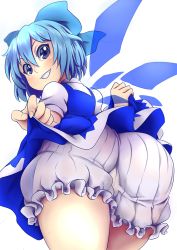 Rule 34 | 1girl, anoni-chan, ass, bloomers, blue bow, blue eyes, blue hair, blue ribbon, blue skirt, blush, bow, cirno, clothes lift, female focus, grin, hair bow, hair ornament, looking at viewer, looking back, pov, presenting, ribbon, short hair, simple background, skirt, skirt lift, smile, touhou, underwear, upskirt, wings