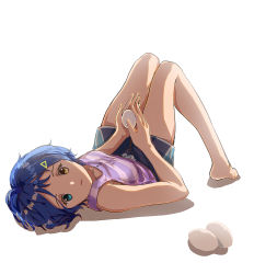 Rule 34 | 1girl, absurdres, bare legs, blue eyes, blue hair, breasts, collarbone, egg, grey shorts, heterochromia, highres, lying, on back, ooto ai, open mouth, purple shirt, shirt, short hair, short shorts, shorts, simple background, sketch, sleeveless, sleeveless shirt, small breasts, solo, striped clothes, striped shirt, triangle hair ornament, wendyia, white background, wonder egg priority, yellow eyes
