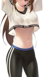 Rule 34 | 1girl, absurdres, arms up, blue eyes, breasts, brown hair, commentary, crop top, english commentary, hair tie in mouth, head out of frame, highres, hololive, hololive dance practice uniform, long hair, medium breasts, mouth hold, pants, shirt, simple background, solo, somebody (leiking00), stomach, tokino sora, tying hair, very long hair, virtual youtuber, white background, white shirt, workout clothes, yoga pants
