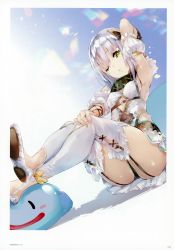 Rule 34 | 1girl, ;&lt;, absurdres, arm up, armpits, atelier (series), atelier sophie, crossed legs, fingernails, garter straps, green eyes, hair between eyes, hand on own knee, highres, huge filesize, legs together, legs up, looking at viewer, one eye closed, parted lips, plachta, puni (atelier), scan, solo, white hair, yuugen