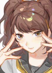 Rule 34 | 1girl, absurdres, brown eyes, brown hair, closed mouth, hands up, highres, kobayashiyouyouko, kujikawa rise, persona, persona 4, raised eyebrows, school uniform, smile, solo, twintails