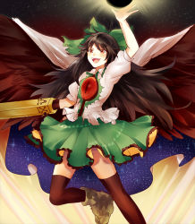 Rule 34 | 1girl, :d, arm cannon, bad id, bad pixiv id, black hair, boots, bow, cape, frills, green bow, green skirt, hair bow, hand up, long hair, open mouth, puffy short sleeves, puffy sleeves, red eyes, reiuji utsuho, shirt, short sleeves, sketch, skirt, smile, solo, starry sky print, teeth, thighhighs, touhou, very long hair, weapon, white shirt, yuli (yulipo)
