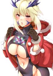 Rule 34 | 1girl, absurdres, artoria pendragon (fate), artoria pendragon (lancer alter) (fate), black bodysuit, blonde hair, blush, bodysuit, braid, breasts, brown eyes, center opening, fate/grand order, fate (series), french braid, fur-trimmed jacket, fur trim, gloves, hair between eyes, highres, horns, jacket, large breasts, long hair, long sleeves, looking at viewer, navel, open clothes, open jacket, open mouth, red jacket, saint quartz (fate), sarfata, sidelocks, simple background, underboob, white background