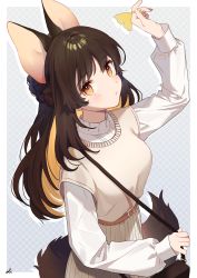 Rule 34 | 1girl, animal ears, arm up, bad id, bad pixiv id, bag, black hair, blush, braid, breasts, brown eyes, brown hair, brown skirt, commentary request, commission, ginkgo leaf, grey background, highres, holding, holding leaf, leaf, long sleeves, medium breasts, multicolored hair, oli o o, original, parted lips, pleated skirt, puffy long sleeves, puffy sleeves, shirt, shoulder bag, skeb commission, skirt, sleeves past wrists, solo, sweater vest, tail, two-tone hair, white shirt