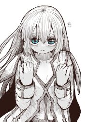 Rule 34 | 1girl, blue eyes, blush, cleric, coat, coilette (shinrabanshou), commentary request, fantasy, hair down, hatching (texture), highres, long coat, long hair, looking at viewer, partially colored, shinrabanshou, upper body, white background, white hair, zyugoya