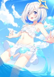 Rule 34 | 1girl, :d, amane kanata, angel wings, bare shoulders, bikini, bikini skirt, blue hair, blue sky, blush, chiyonekoko, cloud, colored inner hair, commentary request, day, feathered wings, groin, hair between eyes, halo, highres, hololive, multicolored hair, navel, open mouth, outdoors, pink hair, purple eyes, scrunchie, short hair, silver hair, sky, smile, solo, star halo, stomach, streaked hair, swimsuit, virtual youtuber, wading, water, white bikini, white wings, wings, wrist scrunchie