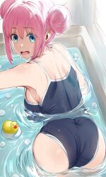 Rule 34 | 1girl, ass, bare shoulders, blue eyes, blue one-piece swimsuit, bocchi the rock!, breasts, competition school swimsuit, double bun, from behind, gotoh hitori, hair between eyes, hair bun, hews, highres, large breasts, long hair, looking at viewer, looking back, one-piece swimsuit, open mouth, partially submerged, pink hair, rubber duck, school swimsuit, sideboob, solo, swimsuit, water