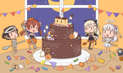Rule 34 | 4girls, bandages, black dress, black hair, black horns, black wings, blonde hair, blush, brown hair, bubble skirt, cake, candy, closed mouth, demon tail, demon wings, dress, fake halo, fake horns, fake wings, food, fork, grecale (kancolle), grey hair, hair between eyes, halloween, halloween costume, halo, highres, holding, holding fork, holding spoon, horns, kamoku nagi, kantai collection, libeccio (kancolle), long hair, maestrale (kancolle), multiple girls, mummy costume, one side up, open mouth, orange skirt, pleated skirt, scirocco (kancolle), short hair, skirt, smile, spoon, tail, twintails, twitter username, white dress, white wings, wings