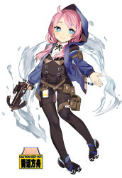 Rule 34 | 1girl, absurdres, aged down, ankle boots, arknights, belt, black footwear, black pantyhose, black shorts, blue eyes, blue jacket, blue poison (arknights), boots, bow (weapon), breasts, buttons, clothes writing, collared shirt, crossbow, crossbow bolt, dart, fh moya, flat chest, full body, highres, holding, holding bow (weapon), holding crossbow, holding weapon, hood, hood up, hooded jacket, jacket, logo, long sleeves, looking at viewer, medium hair, open clothes, open jacket, pantyhose, pink hair, pouch, shirt, short twintails, shorts, sidelocks, small breasts, smile, solo, standing, thigh strap, twintails, weapon, white shirt