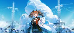 Rule 34 | 1girl, angelina (arknights), animal ears, arknights, bag, black dress, black gloves, blue sky, blurry, blurry foreground, brown hair, chinese commentary, closed eyes, cloud, coat, commentary request, cumulonimbus cloud, day, dress, flower, gloves, hairband, haku (muc12b), highres, jacket, looking at viewer, medium hair, messenger bag, outdoors, power lines, red hairband, red jacket, shoulder bag, sky, solo, transmission tower, twintails, upper body, waving, white coat, white flower