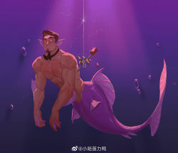 Rule 34 | 1boy, air bubble, bara, blush, bow, bowtie, bubble, completely nude, facial hair, falling petals, fins, flower, full body, goatee, head fins, highres, large pectorals, male focus, mature male, merman, monster boy, muscular, muscular male, nipples, nude, original, pectorals, petals, purple scales, rose, short hair, sideburns, solo, thick eyebrows, underwater, xiaolumiaoliya