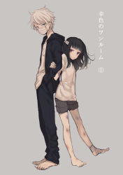 Rule 34 | 1boy, 1girl, arm grab, bandaged foot, bandages, barefoot, blunt bangs, bruise, grey background, height difference, injury, leaning on person, looking at viewer, mask, messy hair, mouth mask, original, ri-rihoo, shorts, simple background, smile