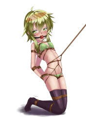 Rule 34 | 1girl, ball gag, bdsm, bikini, bondage, bound, breasts, covered erect nipples, cyber (cyber knight), gag, goggles, goggles on head, green eyes, green hair, gumi, matching hair/eyes, rope, shibari, short hair, simple background, small breasts, solo, swimsuit, thighhighs, vocaloid