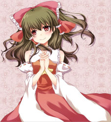 Rule 34 | 1girl, ascot, bow, brown hair, detached sleeves, female focus, hair bow, hair tubes, hakurei reimu, japanese clothes, miko, own hands clasped, own hands together, red eyes, satoimoya, solo, touhou