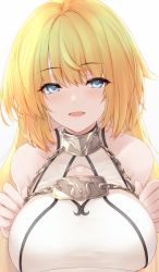 Rule 34 | 1girl, armor, armored dress, blonde hair, blue eyes, blush, breasts, chain, collar, dress, fate/apocrypha, fate/grand order, fate (series), highres, jeanne d&#039;arc (fate), jeanne d&#039;arc (ruler) (fate), jeanne d&#039;arc (third ascension) (fate), large breasts, long hair, looking at viewer, metal collar, open mouth, smile, solo, tohoho (hoshinoyami), very long hair, white dress