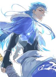 Rule 34 | 1boy, belt, blue hair, bracelet, capelet, closed mouth, cu chulainn (fate), cu chulainn (caster) (fate), earrings, fate/grand order, fate (series), floating hair, from side, fur-trimmed hood, fur trim, hood, hood down, hooded capelet, iz izhara, jewelry, cu chulainn (fate/stay night), lens flare, long hair, looking at viewer, male focus, red eyes, skin tight, solo, spiked hair, type-moon