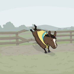 Rule 34 | absurdres, breaking, capelet, chibi, commentary request, fence, grass, highres, horse, jajaumant, kicking, no humans, outdoors, ranch, real life, tanino gimlet (racehorse), wooden fence, yellow capelet