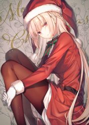Rule 34 | 1girl, belt, blonde hair, breasts, character request, copyright request, fate (series), fetal position, florence nightingale (fate), florence nightingale (santa) (fate), fur-trimmed sleeves, fur trim, gloves, hat, high heels, highres, knees to chest, long hair, looking at viewer, medium breasts, merry christmas, neck ribbon, pantyhose, red eyes, ribbon, santa costume, santa hat, solo, toosaka asagi, white gloves