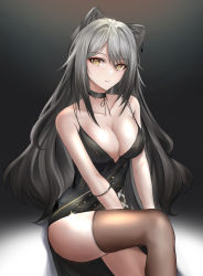 Rule 34 | 1girl, absurdres, alternate costume, animal ears, arknights, black background, black choker, black dress, breasts, cat ears, choker, cleavage, collarbone, commentary request, dress, grey hair, grey thighhighs, highres, large breasts, long hair, looking at viewer, parted lips, schwarz (arknights), shizukugu03, sitting, sleeveless, sleeveless dress, solo, spaghetti strap, thighhighs, thighs, very long hair, yellow eyes
