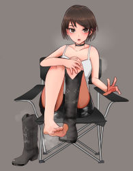Rule 34 | bad id, bad pixiv id, barefoot, black footwear, black shorts, boots, brown eyes, brown hair, chair, choker, commission, cowboy boots, grey background, highres, knee boots, looking at viewer, lumina (artist), no socks, open mouth, original, pixiv commission, race queen, shirt, short hair, shorts, single boot, sleeveless, solo, spaghetti strap, steam, tank top, unworn boots, white shirt