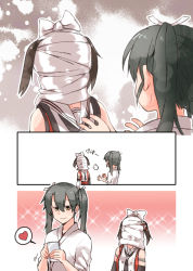 Rule 34 | 10s, 2girls, bare shoulders, bow, cellphone, colorized, comic, covered face, grey hair, hair ornament, heart, japanese clothes, kantai collection, long hair, multiple girls, necktie, okinu (okinu dane), phone, scarf, sendai (kancolle), short hair, silent comic, sleeveless, smartphone, spoken heart, twintails, two side up, zuikaku (kancolle)