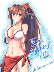 Rule 34 | 1girl, bikini, breasts, brown hair, cherry blossoms, cowboy shot, flower, hair between eyes, hair flower, hair intakes, hair ornament, headgear, highres, kantai collection, large breasts, long hair, navel, official alternate costume, ponytail, red eyes, red sarong, sarong, sidelocks, solo, standing, swimsuit, tamakichi (tamakitty), very long hair, white bikini, yamato (kancolle)