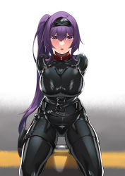 Rule 34 | 1girl, absurdres, bdsm, blush, bodysuit, bondage, bound, bound ankles, bound arms, hie (hiememiko), hiememiko, highres, latex, latex bodysuit, long hair, open mouth, purple eyes, purple hair, restrained, shiny clothes, side ponytail, solo