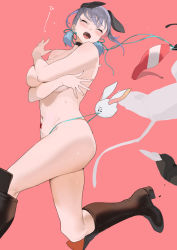 Rule 34 | 1girl, animal ears, ass, blue panties, blush, boots, breasts, choker, covering privates, covering breasts, earrings, ikuchan kaoru, ikuchan kaoru (character), jewelry, mole, mole under eye, navel, open mouth, original, panties, pink background, purple hair, running, short hair, simple background, solo, tears, teeth, topless, twintails, two side up, underwear, unworn clothes, virtual youtuber