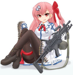 Rule 34 | 1girl, ammunition, ammunition belt, asymmetrical hair, bipod, black footwear, black pantyhose, bow, braid, bullet, collared jacket, commentary request, crotch seam, drum magazine, full body, general-purpose machine gun, girls&#039; frontline, gloves, gun, hair bow, hair ornament, hairclip, harness, hexagram, highres, holding, imi negev, israel, iwi negev, jacket, legs, light machine gun, loafers, long hair, long sleeves, looking at viewer, machine gun, magazine (weapon), md5 mismatch, mikeran (mikelan), miniskirt, neck ribbon, negev (girls&#039; frontline), one side up, open mouth, panties, panties under pantyhose, pantyhose, pink hair, red bow, red eyes, red ribbon, resolution mismatch, ribbon, shadow, shoes, side braid, simple background, sitting, skirt, smirk, solo, source smaller, star of david, thigh strap, thighband pantyhose, underwear, weapon, weapon request, white background, white gloves, white skirt