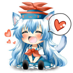 Rule 34 | 1girl, :d, ^ ^, animal ears, blue dress, blue hair, chibi, closed eyes, dog ears, dog tail, dress, expressive clothes, closed eyes, fang, female focus, hat, heart, kamishirasawa keine, kemonomimi mode, long hair, open mouth, rebecca (keinelove), sitting, smile, solo, spoken heart, tail, touhou, v arms