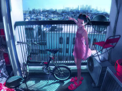 Rule 34 | 1girl, air conditioner, balcony, bicycle, black hair, blue eyes, bucket, building, camisole, chair, cigarette, city, cityscape, flat chest, folding bicycle, folding chair, hair bobbles, hair ornament, lipstick, looking back, makeup, nail polish, original, pink nails, satellite dish, see-through silhouette, short hair, silhouette, slippers, solo, standing, stool, twintails, zain