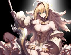 Rule 34 | 10s, 1girl, aestus estus, ahoge, belt, black background, blonde hair, breasts, bridal veil, cleavage, commentary request, detached sleeves, fate/extra, fate/extra ccc, fate (series), green eyes, hair intakes, hand on own hip, highres, holding, holding sword, holding weapon, lock, looking at viewer, medium breasts, nero claudius (bride) (fate), nero claudius (bride) (second ascension) (fate), nero claudius (fate), nero claudius (fate) (all), padlock, padlocked collar, rahato, short hair, solo, sword, veil, weapon, zipper