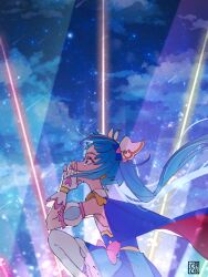 Rule 34 | 1girl, aoi tete, artist name, backlighting, beams, blue cape, blue dress, blue eyes, blue hair, bow skirt, cape, commentary, cure sky, cut bangs, detached sleeves, dress, fingerless gloves, gloves, hand to own mouth, highres, hirogaru sky! precure, long hair, looking to the side, magical girl, multicolored hair, night, night sky, outdoors, own hands together, pink hair, precure, puffy detached sleeves, puffy sleeves, red cape, short dress, signature, sky, sleeveless, sleeveless dress, solo, sora harewataru, squatting, star (sky), starry sky, streaked hair, thighhighs, twintails, two-sided cape, two-sided fabric, two-tone hair, very long hair, white gloves, white thighhighs, wind, wing hair ornament
