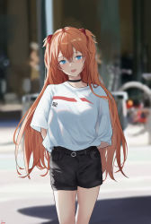 Rule 34 | 1girl, :d, absurdres, arms behind back, black choker, black shorts, blue eyes, blurry, casual, choker, day, depth of field, hair between eyes, hair ribbon, highres, jenmin12, long hair, looking at viewer, neon genesis evangelion, open mouth, orange hair, outdoors, ribbon, shirt, short shorts, short sleeves, shorts, smile, solo, souryuu asuka langley, standing, thighs, two side up, very long hair, white shirt