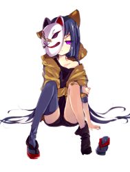 Rule 34 | 1girl, asymmetrical legwear, bandaid, bandaid on face, bandaid on nose, blue hair, blue thighhighs, cat mask, closed mouth, copyright request, drinking, geta, highres, hiiragi fuyuki, hood, hooded jacket, jacket, long hair, looking at viewer, mask, mask on head, mismatched legwear, open clothes, open jacket, purple eyes, short shorts, shorts, single thighhigh, sitting, sleeveless, solo, thighhighs, very long hair, white background, yellow jacket