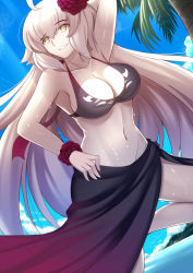 Rule 34 | 1girl, arm behind head, armpits, bad id, bad pixiv id, bird, bracelet, breasts, cleavage, cloud, day, dutch angle, fate/grand order, fate (series), flower, hair flower, hair ornament, highres, jeanne d&#039;arc (fate), jeanne d&#039;arc alter (avenger) (fate), jeanne d&#039;arc alter (fate), jewelry, large breasts, looking up, navel, pale skin, palm tree, sarong, sky, smile, solo, standing, standing on one leg, tree, water, wet, yellow eyes