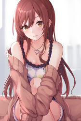 Rule 34 | 1girl, alisia0812, bare shoulders, breasts, brown eyes, brown hair, brown jacket, camisole, cleavage, crossed legs, fur-trimmed shorts, fur trim, hair between eyes, heart, heart necklace, highres, idolmaster, idolmaster shiny colors, jacket, jewelry, knees up, long hair, long sleeves, looking at viewer, medium breasts, necklace, off shoulder, open clothes, open jacket, osaki amana, parted lips, short shorts, shorts, sitting, sleeves past fingers, sleeves past wrists, smile, solo, very long hair, white camisole