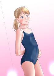 Rule 34 | 1girl, absurdres, blue eyes, blue one-piece swimsuit, breasts, flat chest, highres, idol, ieame-sama, model, one-piece swimsuit, small breasts, solo, standing, swimsuit, tagme, twintails