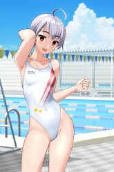 Rule 34 | 1girl, absurdres, ahoge, blue sky, breasts, clothes writing, cloud, commentary request, competition swimsuit, contrapposto, covered navel, day, grey hair, highleg, highleg swimsuit, highres, lane line, one-piece swimsuit, original, outdoors, pool, pool ladder, poolside, red eyes, short hair, sky, small breasts, smile, solo, string of flags, swimsuit, takafumi, tomboy, variant set, white one-piece swimsuit